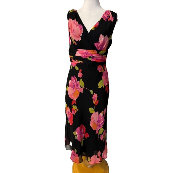 Jones New York Midi Dress 10 Silk Black Pink Red Floral Flowy Sleeveless - Picture 1 of 9